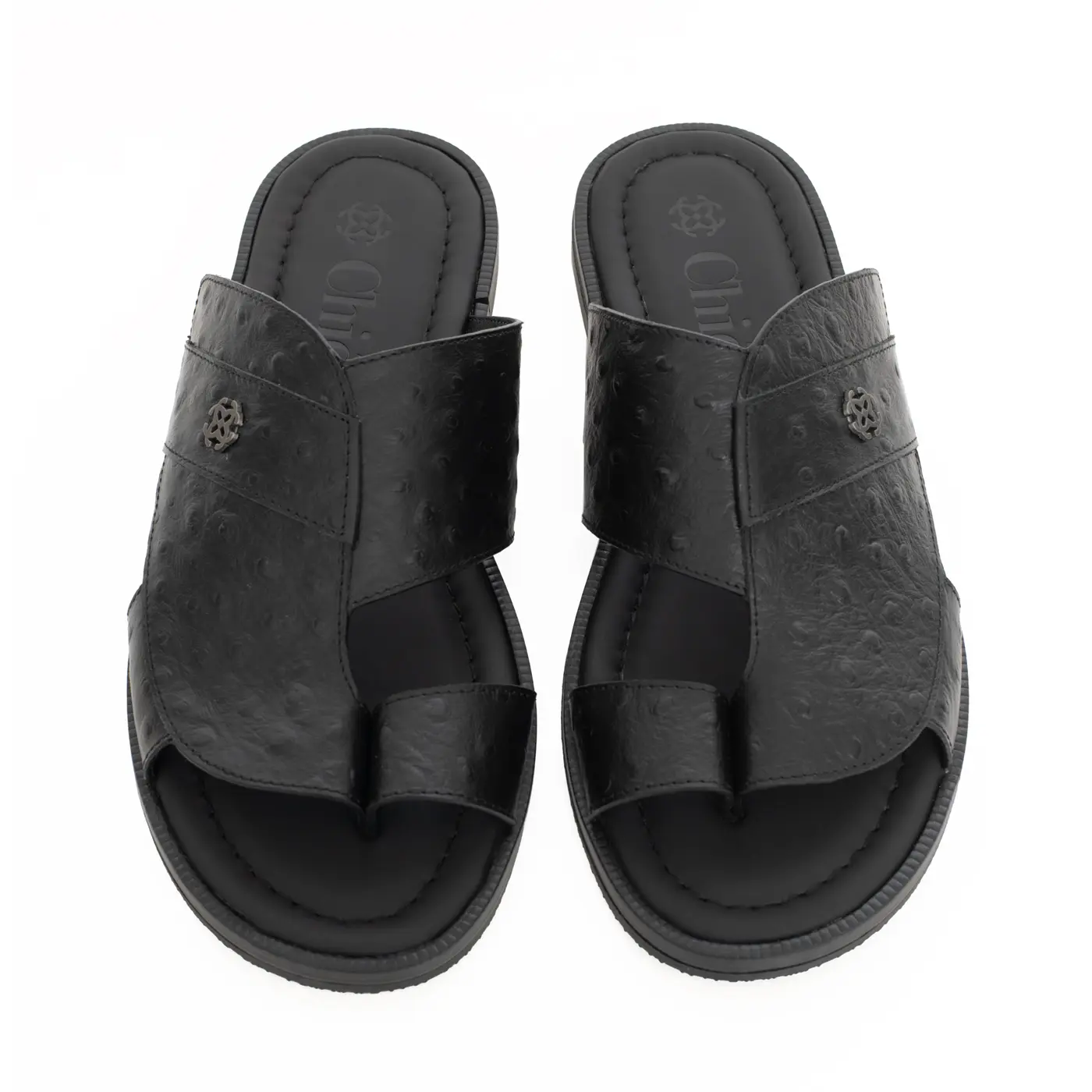 Ostrich-Printed Leather Flat Sandals